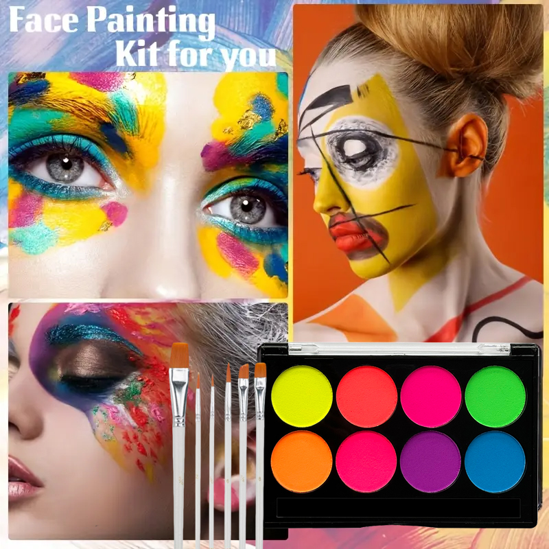 8色の水性フェイスペイントキット。蛍光色、ネオンカラーで、暗 - Cosplay Prop Paint のレビューと価格